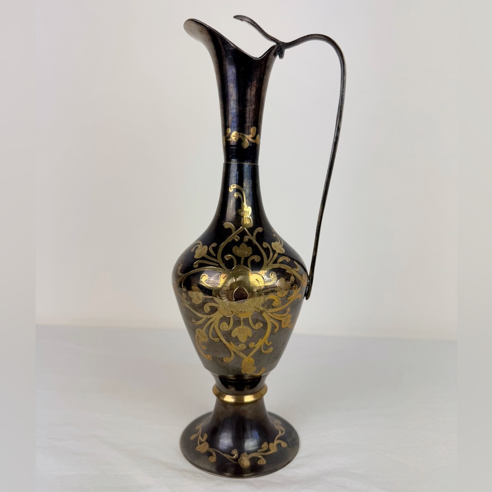 Vintage Gold Etched Black Metal Pitcher Made in India